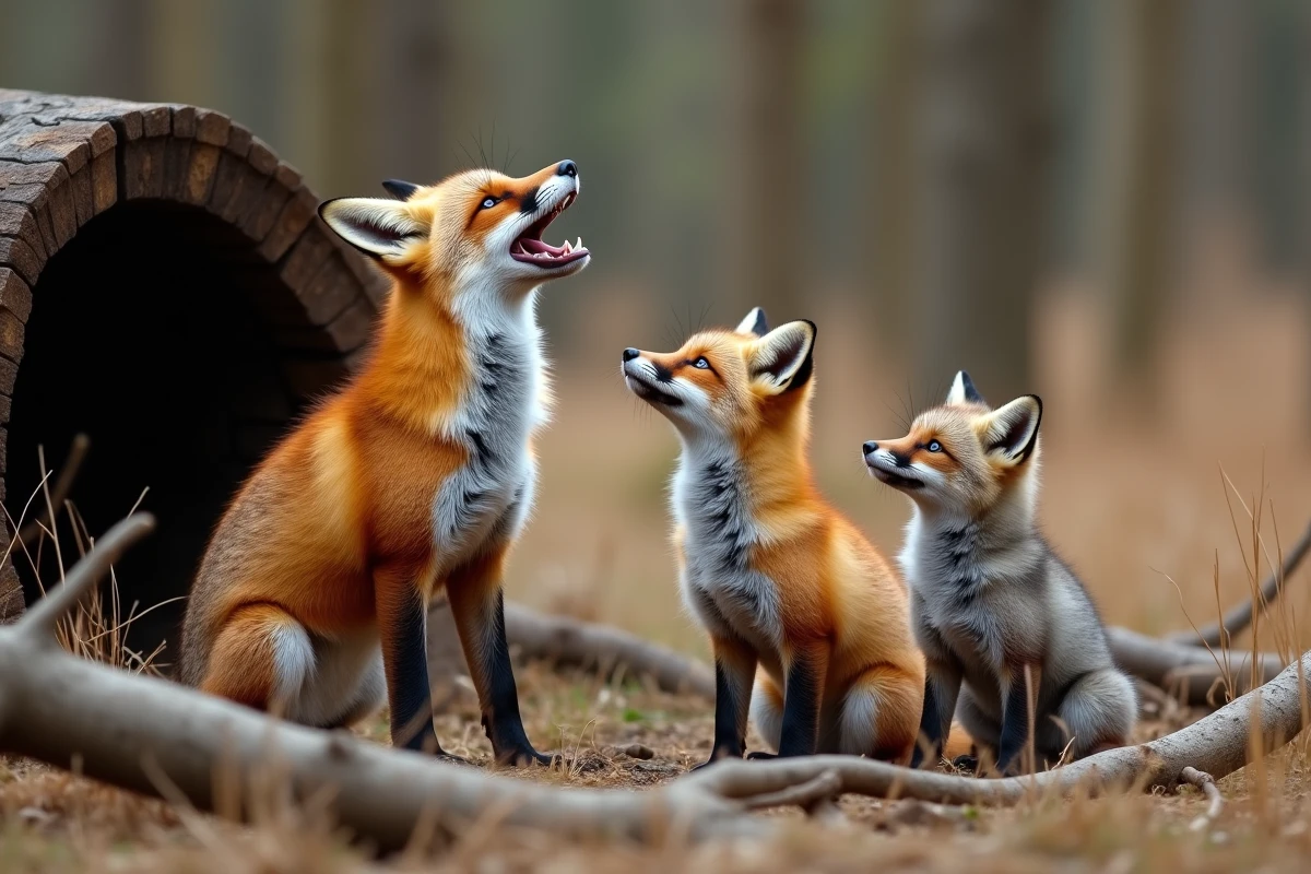 Renard adulte vocalisant près de deux renardeaux attentifs en lisière de forêt, comparaison des sons entre adulte et jeunes