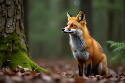 Renard roux adulte en train de vocaliser dans une clairière forestière, bouche entrouverte, fourrure orange vif détaillée