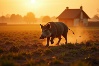 Sanglier traversant un champ au lever du soleil avec traces et plantes déracinées
