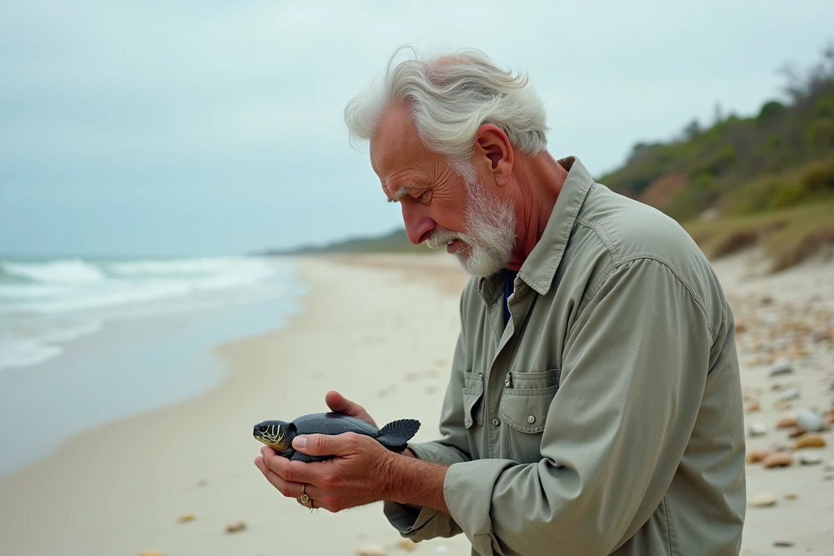 Scientifique tenant une tortue sur la plage