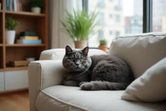 Scottish Fold gris allongé sur un canapé en lin dans un appartement moderne avec vue sur la ville