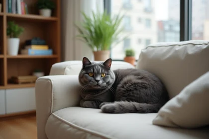 Scottish Fold gris allongé sur un canapé en lin dans un appartement moderne avec vue sur la ville