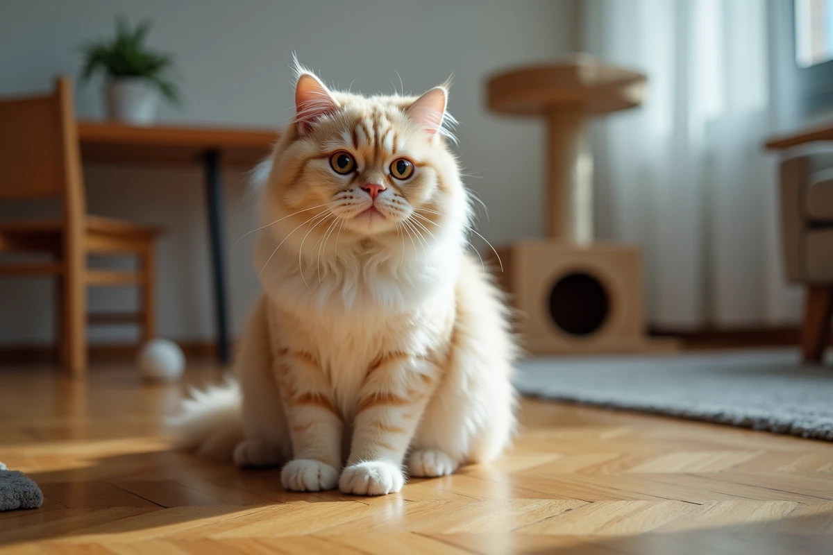 Scottish Fold crème assis sur le parquet d'un petit appartement à côté d'un arbre à chat
