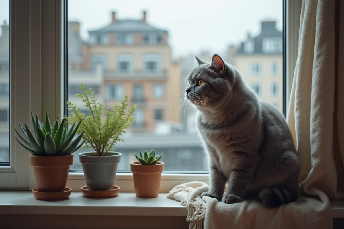 Scottish Fold bleu-gris perché sur le rebord d'une fenêtre d'appartement regardant les toits de la ville