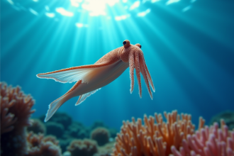 Seiche nageant au-dessus d'un corail coloré en eaux claires