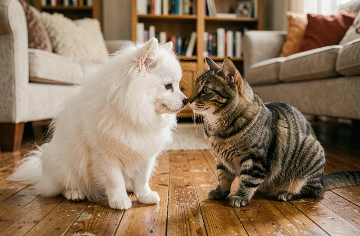 Spitz blanc assis face à un chat tigré sur un parquet en bois, illustrant la socialisation harmonieuse entre un spitz et un chat à la maison