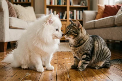 Spitz blanc assis face à un chat tigré sur un parquet en bois, illustrant la socialisation harmonieuse entre un spitz et un chat à la maison