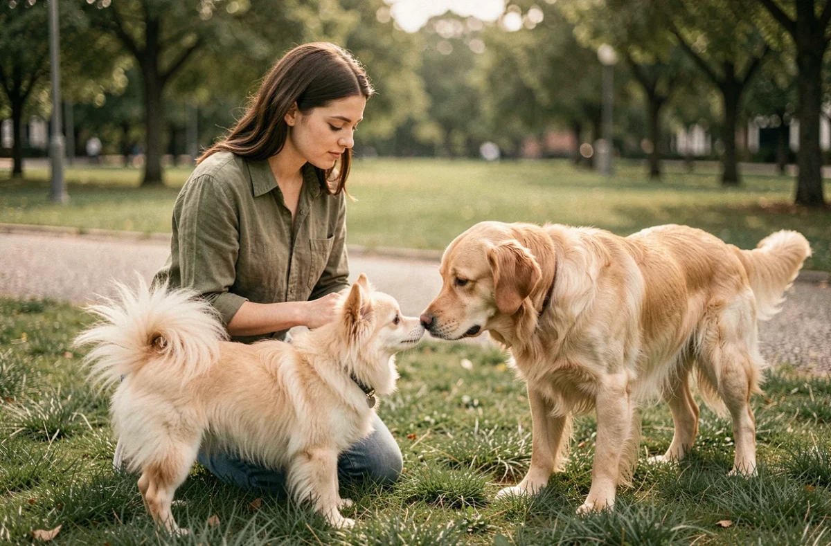 Femme tenant en laisse un spitz rencontrant un golden retriever dans un parc, démontrant une technique de socialisation entre chiens en extérieur
