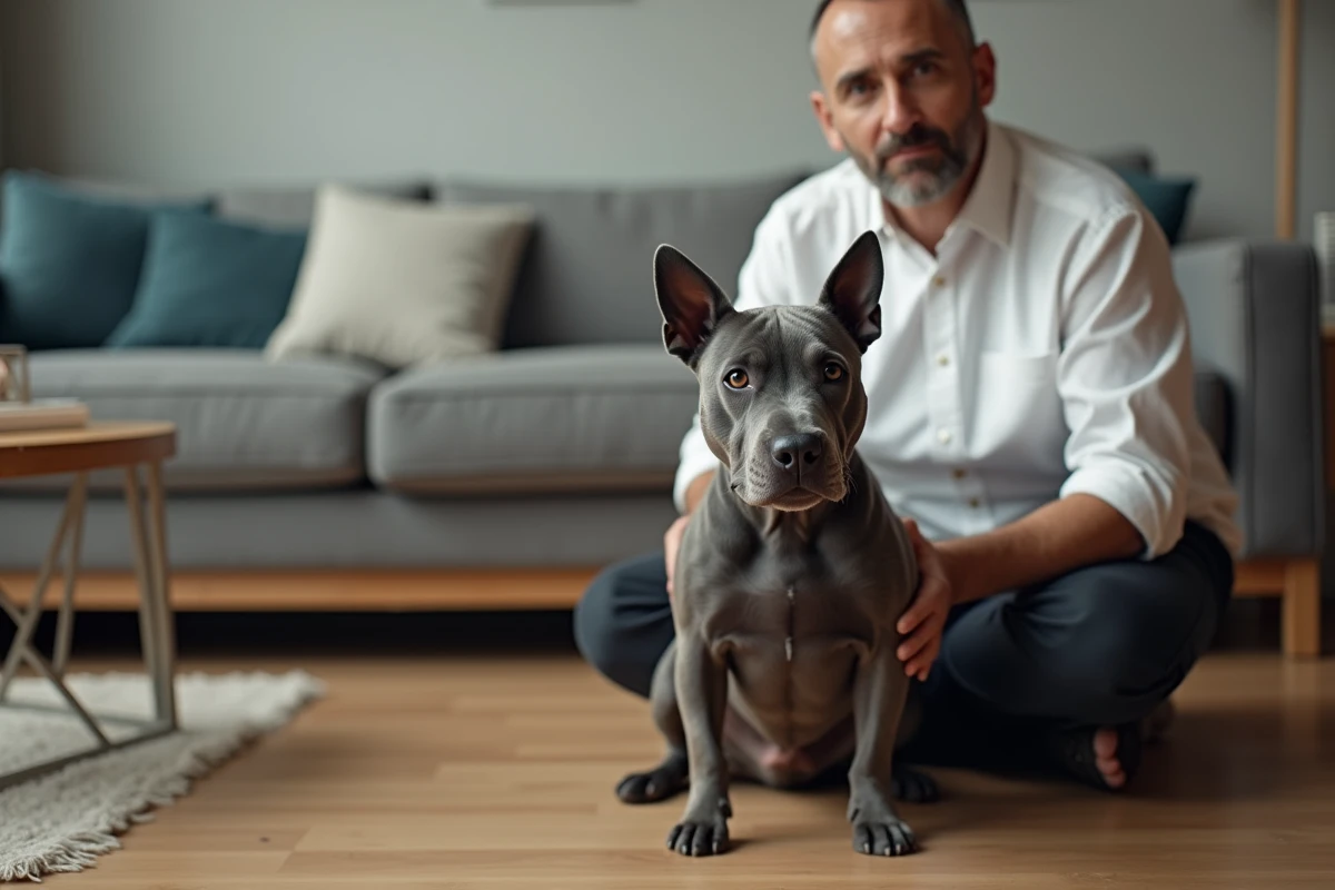 Staffie de couleur bleue assis dans un appartement moderne à côté d'un homme, montrant la petite taille réelle du chien face aux meubles du quotidien
