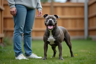 Staffie adulte musclé se tenant debout à côté d'une femme adulte dans un jardin, illustrant la taille compacte surprenante du Staffordshire Bull Terrier