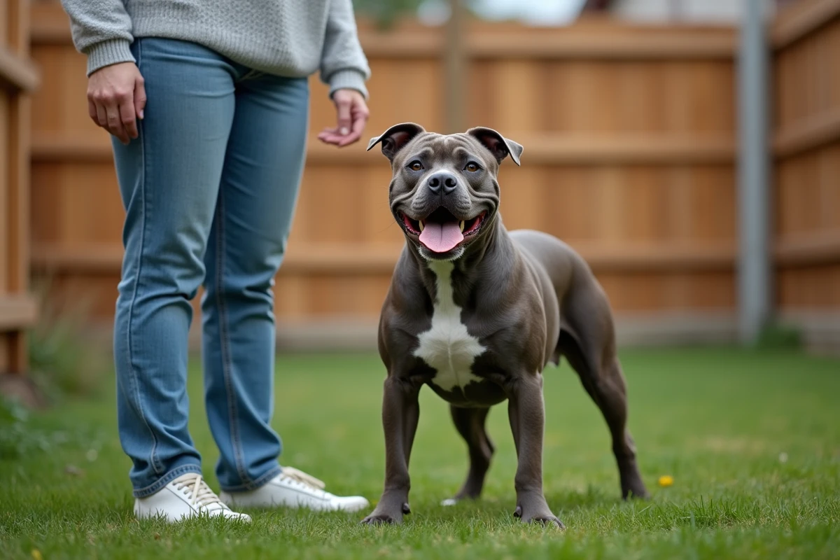 Staffie adulte musclé se tenant debout à côté d'une femme adulte dans un jardin, illustrant la taille compacte surprenante du Staffordshire Bull Terrier