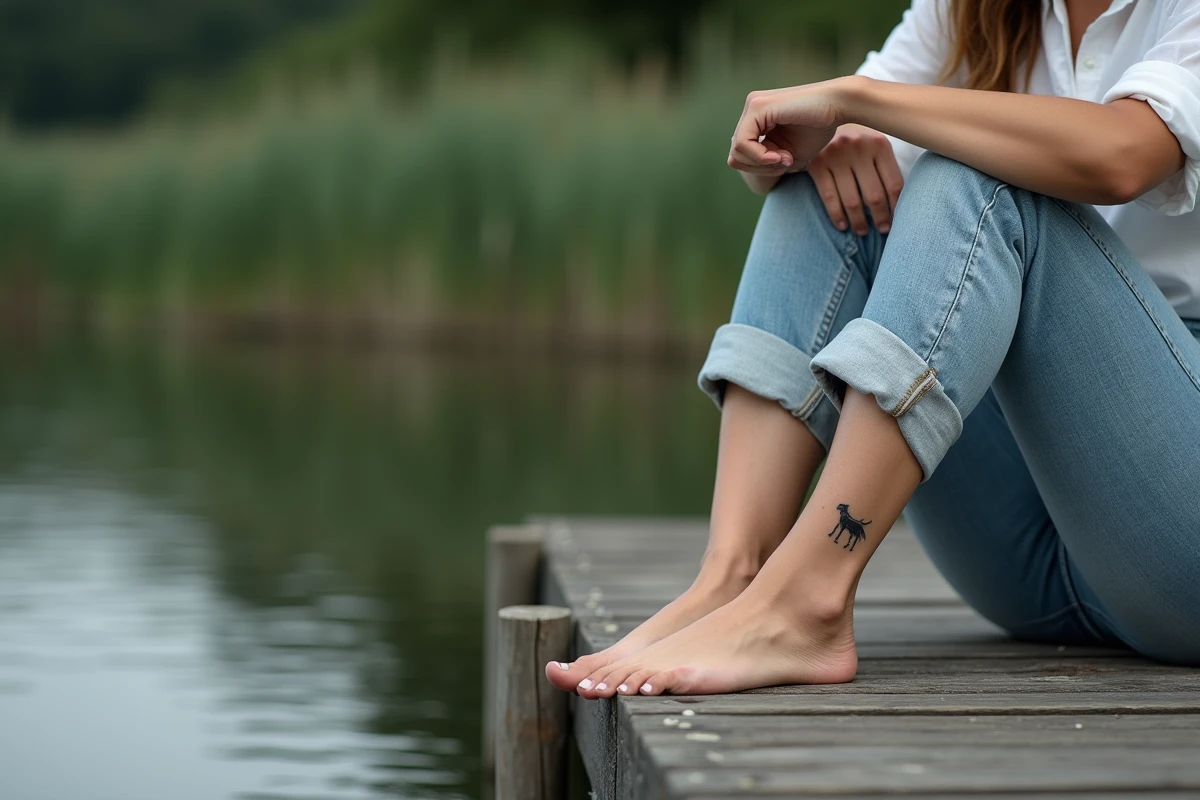 Femme assise au bord d'un ponton en bois montrant un tatouage chien minimaliste discret sur la cheville, cadre naturel au bord d'un lac
