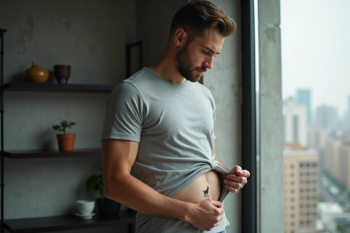 Homme torse partiellement découvert révélant un petit tatouage chien minimaliste sur les côtes dans un appartement urbain moderne