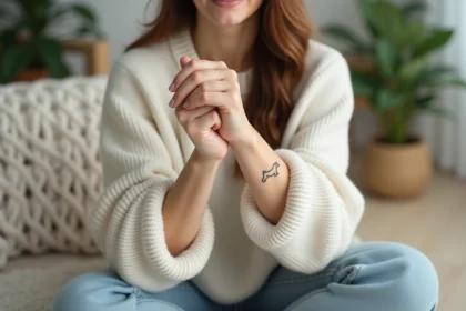 Jeune femme montrant un tatouage chien minimaliste discret sur le poignet intérieur, assise dans un salon scandinave cosy