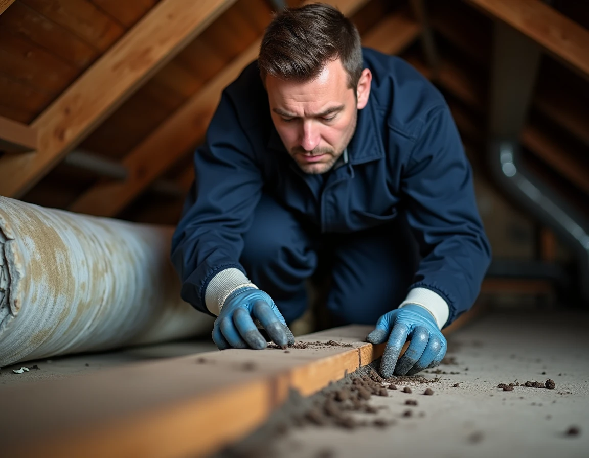 Technicien en dératisation inspectant des traces de fouine dans les combles d'une maison