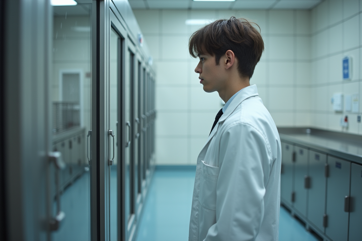 Jeune technicien en laboratoire regardant cages animales vides