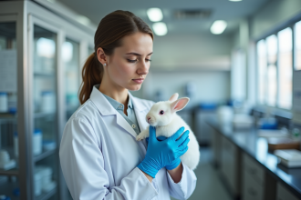 Jeune technicienne de laboratoire tenant un lapin blanc