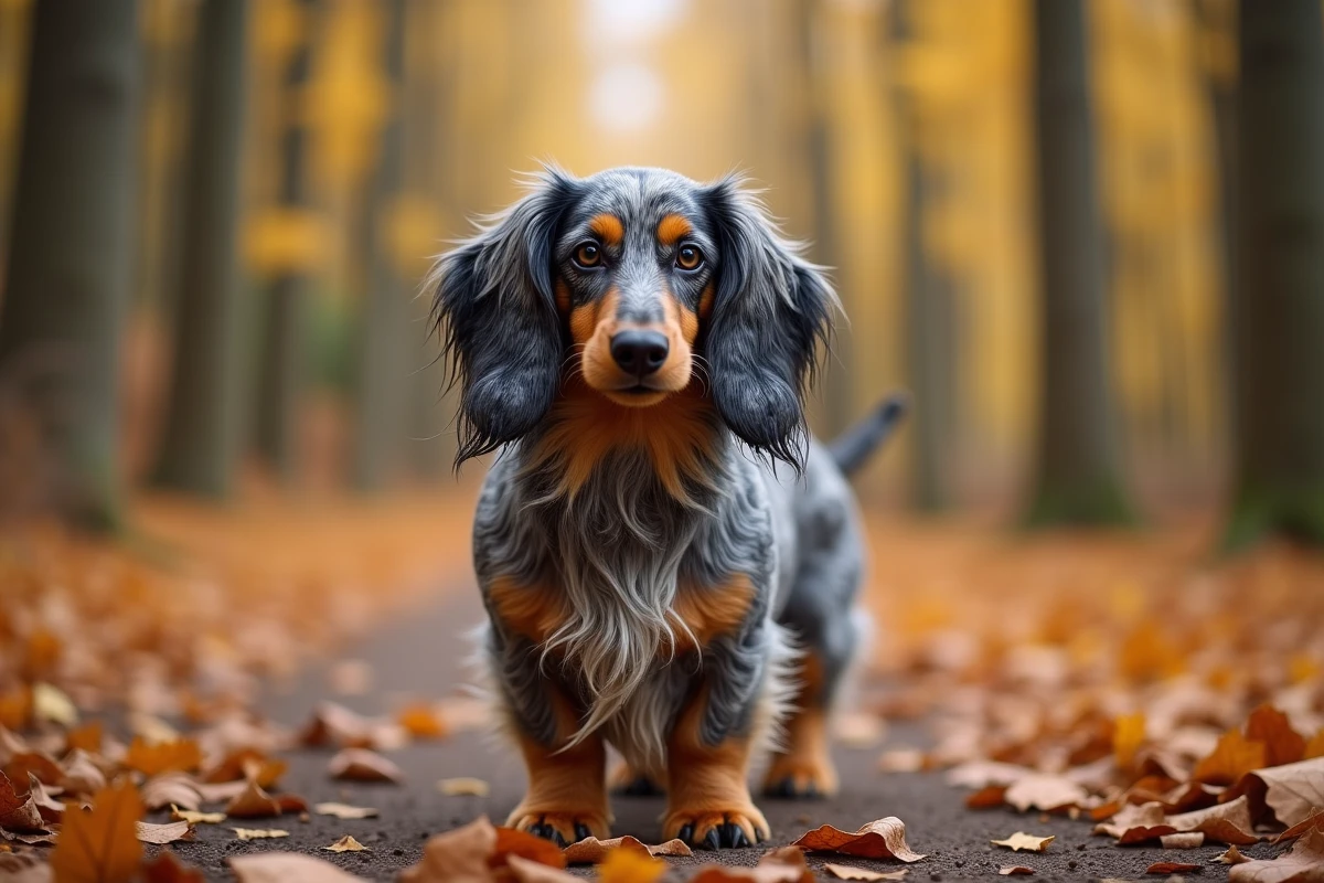 Teckel arlequin adulte à poils longs debout sur un sentier forestier en automne entouré de feuilles dorées