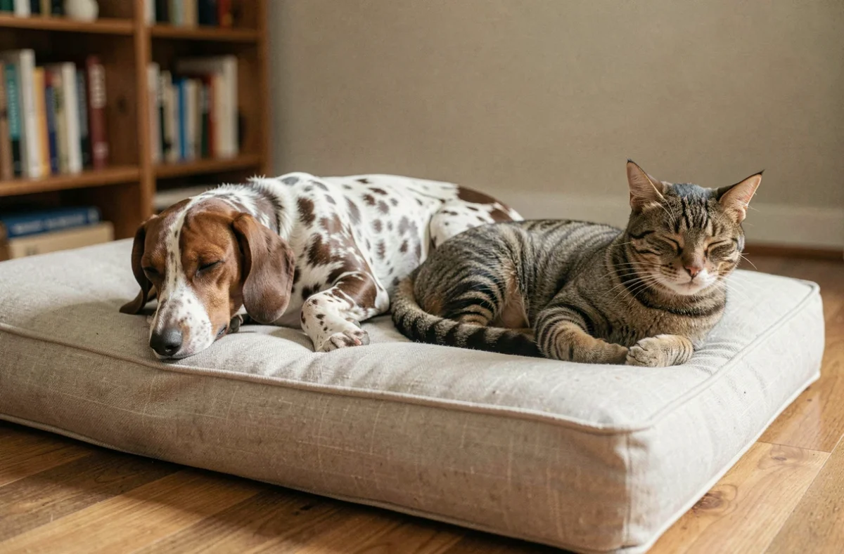 Teckel arlequin allongé paisiblement sur un canapé en lin aux côtés d'un chat tigré, illustrant une cohabitation réussie entre chien et chat