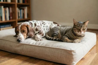 Teckel arlequin allongé paisiblement sur un canapé en lin aux côtés d'un chat tigré, illustrant une cohabitation réussie entre chien et chat