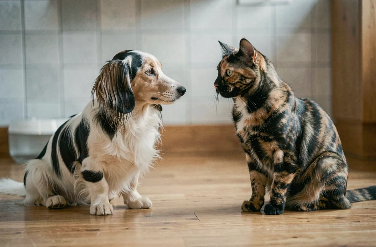 Teckel arlequin à poil long assis face à une chatte écaille-de-tortue sur un parquet en bois, regard mutuel calme symbolisant une socialisation progressive réussie