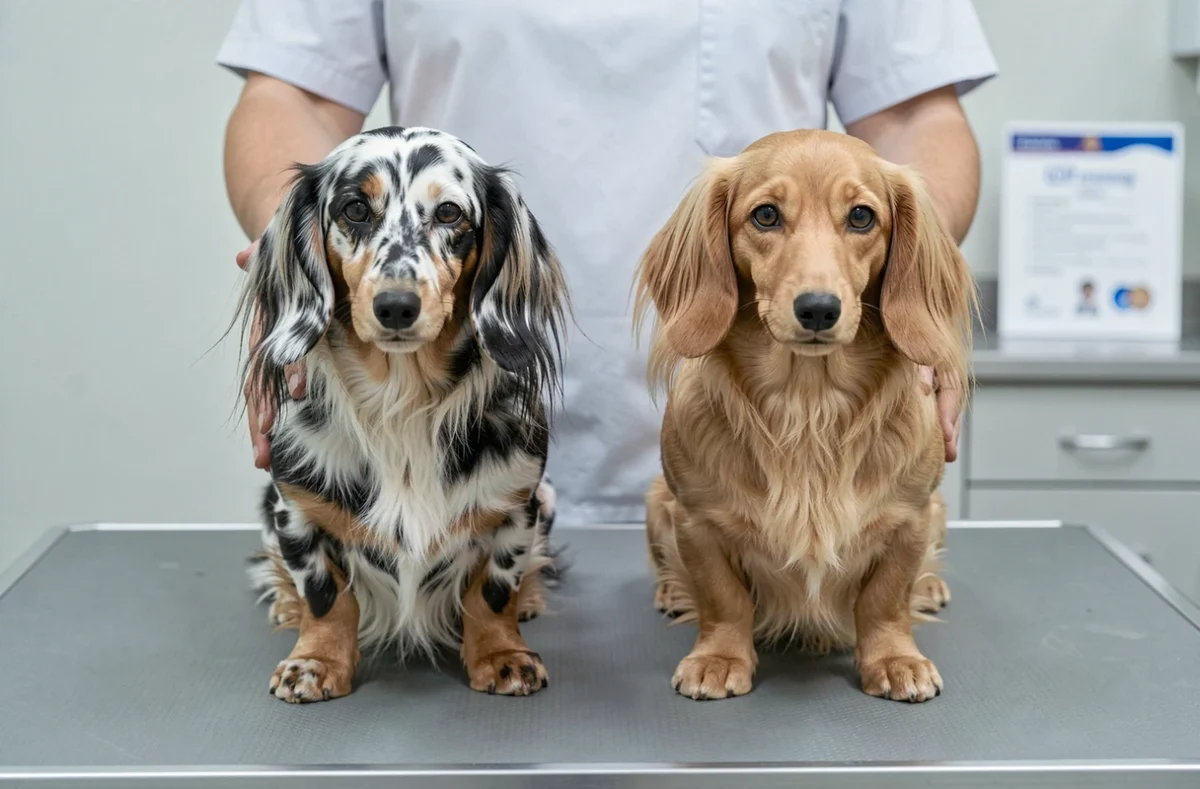 Deux teckels à poils longs dont un arlequin côte à côte sur une table lors d'une présentation canine officielle avec documents LOF