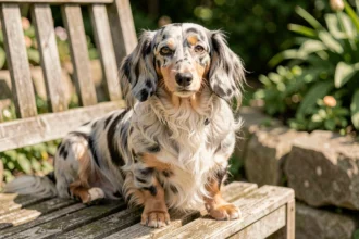 Teckel arlequin poil long assis sur un banc en bois dans un jardin, avec son pelage soyeux aux taches noires et grises sur fond blanc