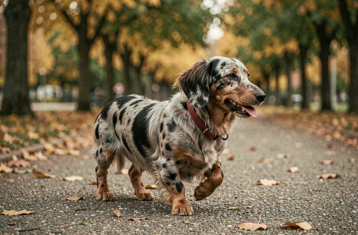 Teckel arlequin à poils longs en promenade dans un parc aux couleurs d'automne