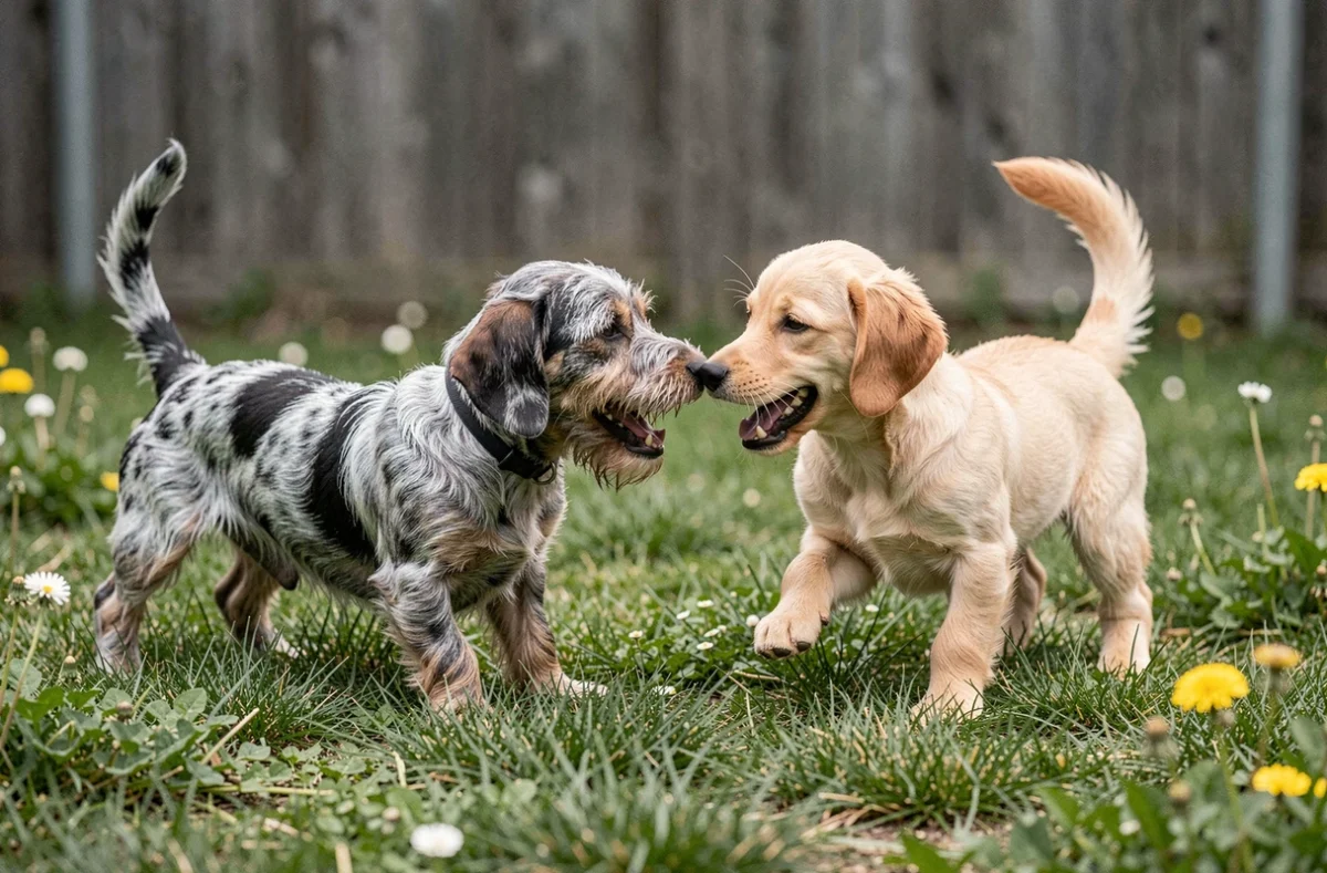 Teckel arlequin à poil dur se présentant amicalement à un chiot golden retriever dans un jardin, démontrant une bonne socialisation entre chiens