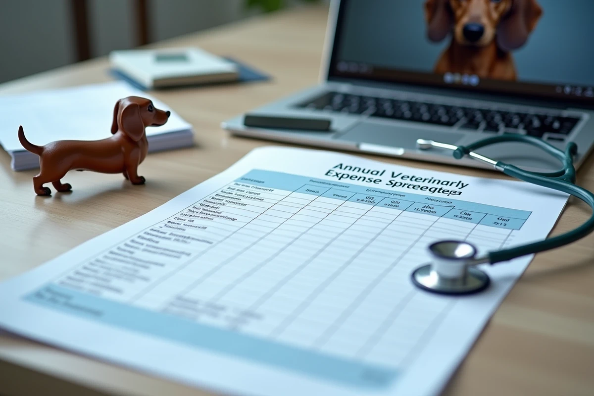 Bureau avec factures vétérinaires et tableau de budget annuel élevé pour un teckel