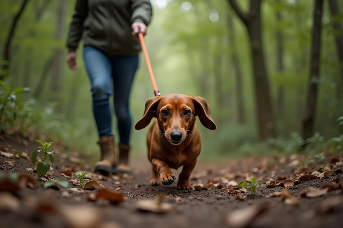 Teckel tirant sur sa laisse en forêt, dominé par son instinct de chasse incontrôlable