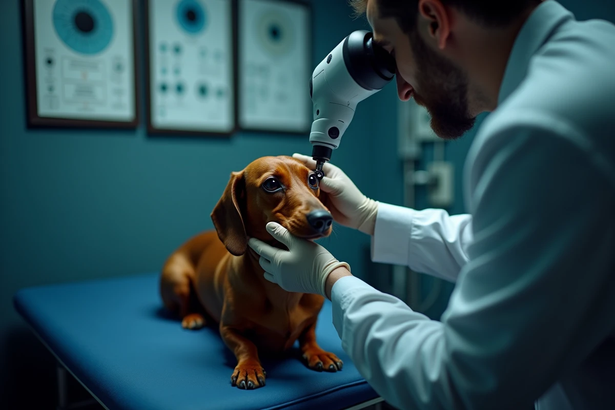 Ophtalmologue vétérinaire examinant l'œil d'un teckel pour détecter une maladie oculaire