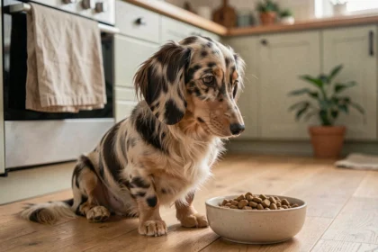 Teckel nain poil long arlequin assis devant sa gamelle de croquettes dans une cuisine en bois naturel