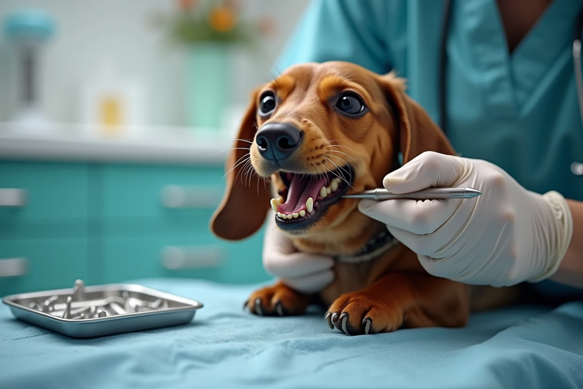 Vétérinaire examinant les dents abîmées d'un teckel lors d'un détartrage dentaire