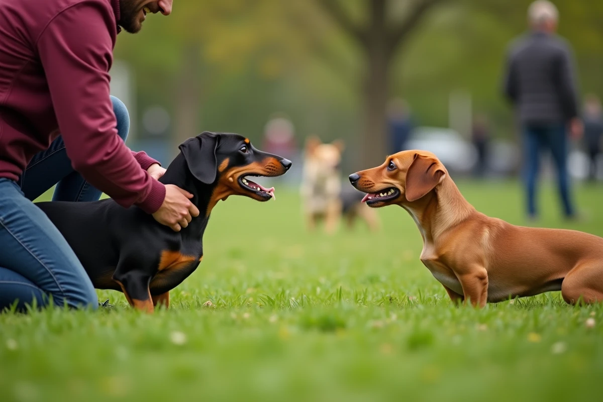 Teckel montrant une posture agressive envers un autre chien dans un parc, difficulté de socialisation