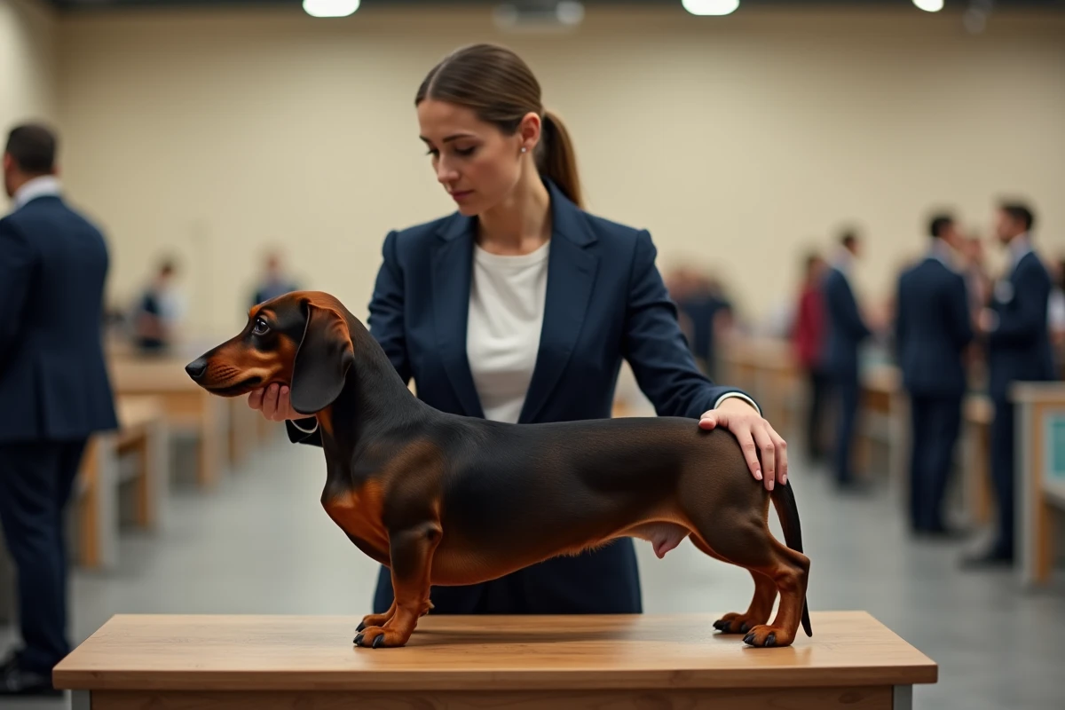 Teckel standard en position de concours sur une table de toilettage, évalué par un handler professionnel lors d'une exposition canine