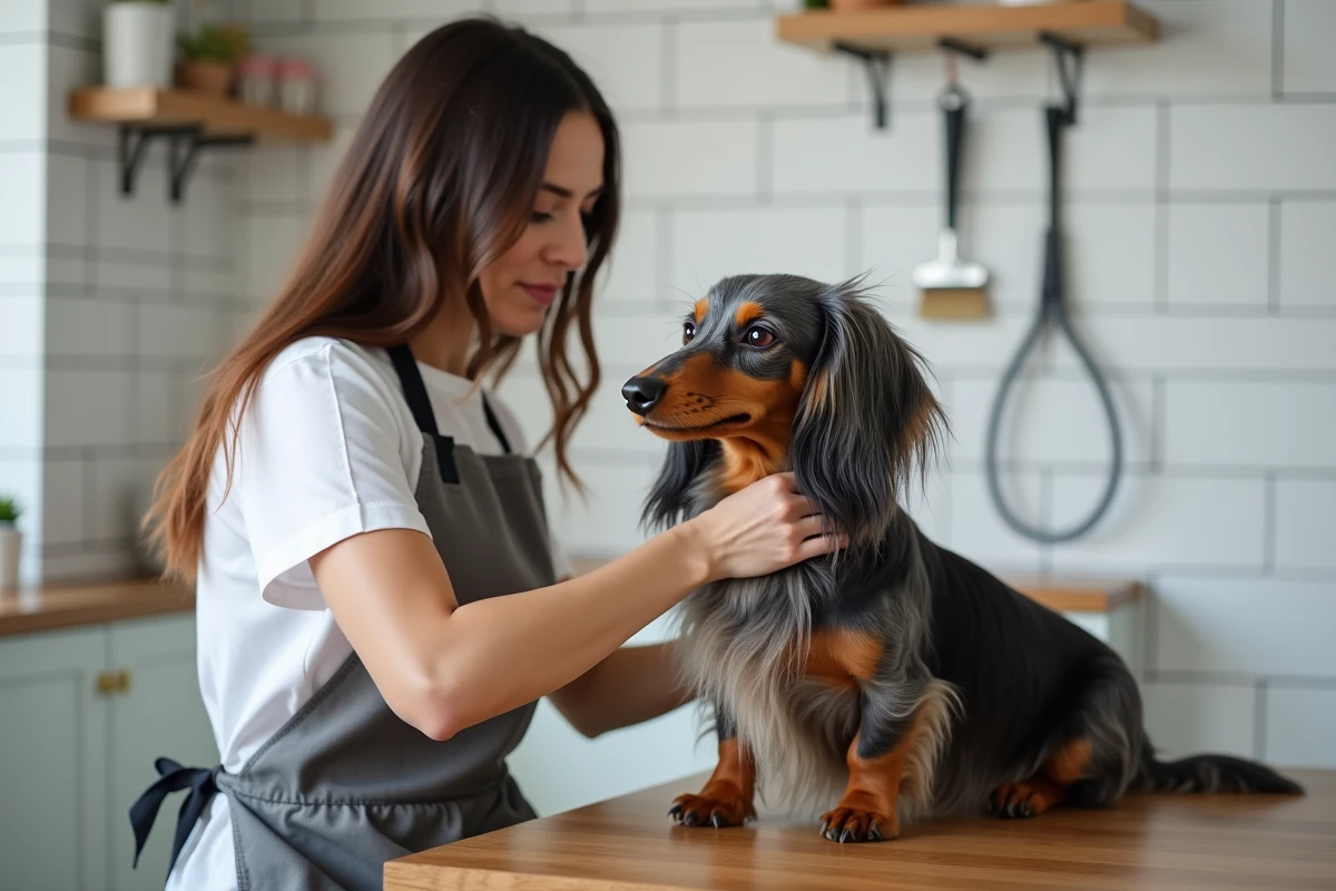 Femme toilettant un teckel arlequin à poils longs sur une table de toilettage dans un salon professionnel moderne