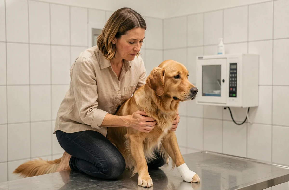 Femme tenant son chien blessé sur une table d'examen dans une clinique vétérinaire près de Muret