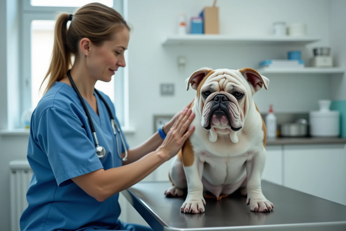 Vétérinaire examinant un bouledogue brachycéphale aux plis faciaux extrêmes dans une clinique vétérinaire