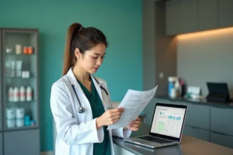 Vétérinaire femme en blouse blanche consultant des documents financiers sur son bureau en clinique vétérinaire