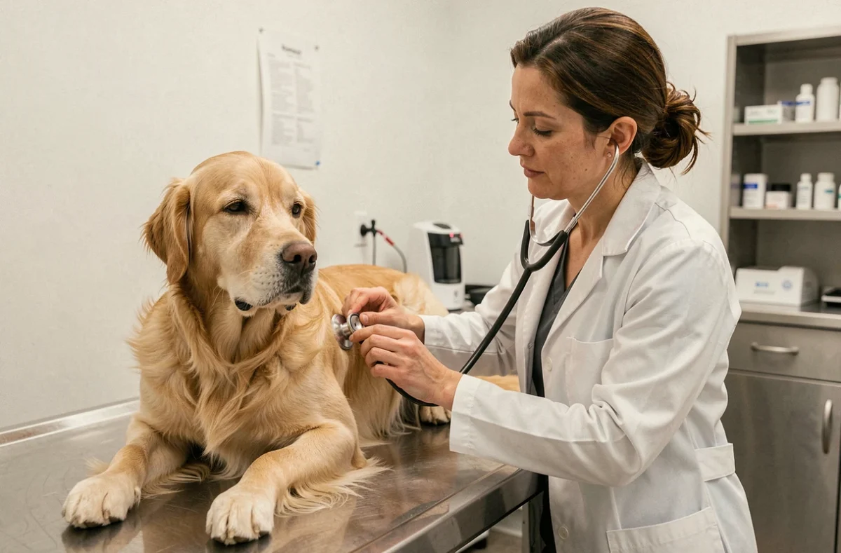 Vétérinaire examinant un vieux chien Golden Retriever lors d'une consultation, illustrant l'assurance pour chien âgé