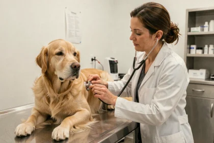 Vétérinaire examinant un vieux chien Golden Retriever lors d'une consultation, illustrant l'assurance pour chien âgé