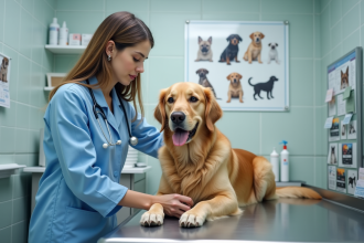 Vétérinaire examinant un Golden Retriever dans une clinique