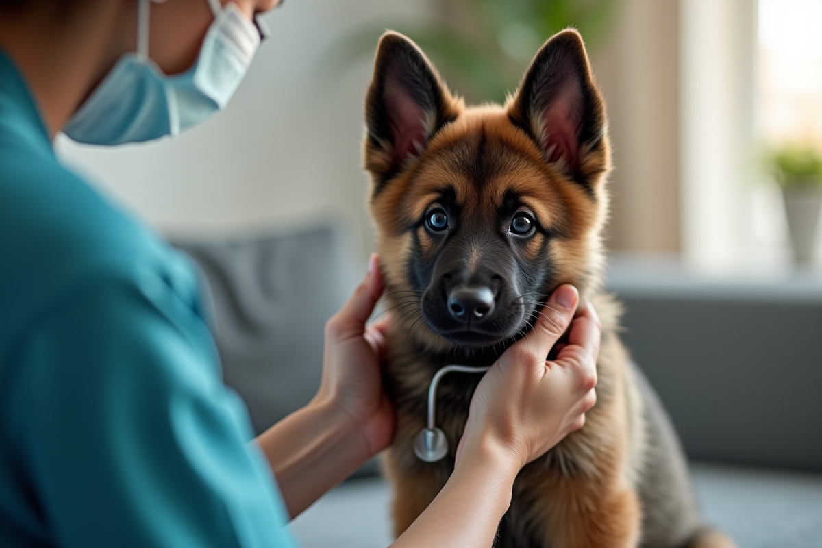 Vétérinaire examinant un chiot berger allemand en intérieur