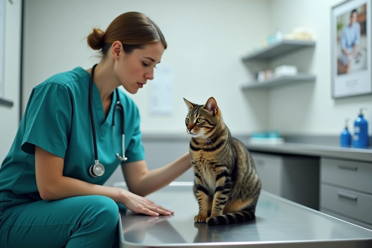 Vétérinaire examinant un chat tigré sur une table de consultation dans une clinique vétérinaire, illustrant l'importance de l'assurance santé pour animaux