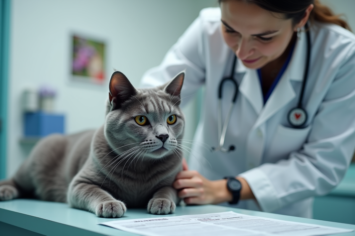 Vétérinaire examine un chat gris dans une clinique propre