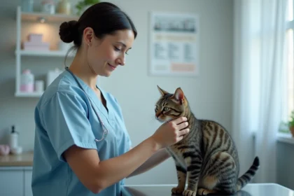 Vétérinaire examinant un chat tigré sur une table d'examen en clinique vétérinaire