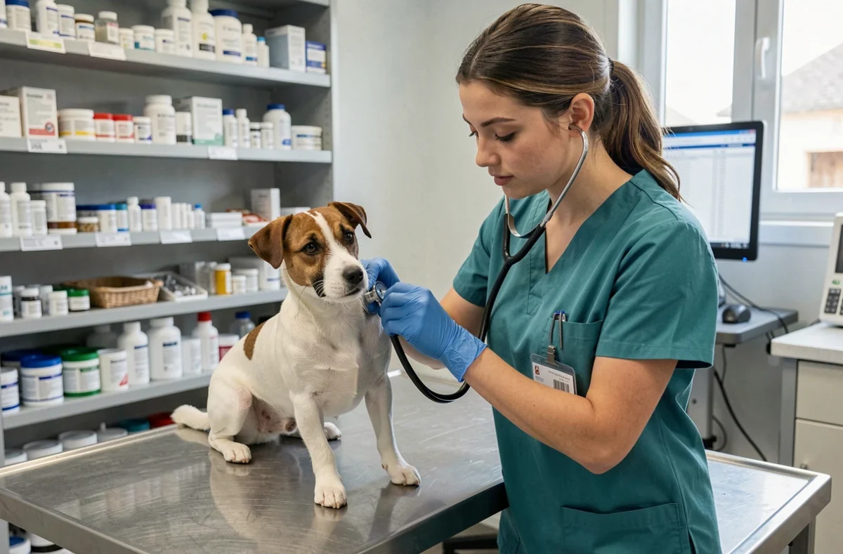 Vétérinaire examinant un petit chien avec un stéthoscope lors d'une consultation d'urgence près de Muret