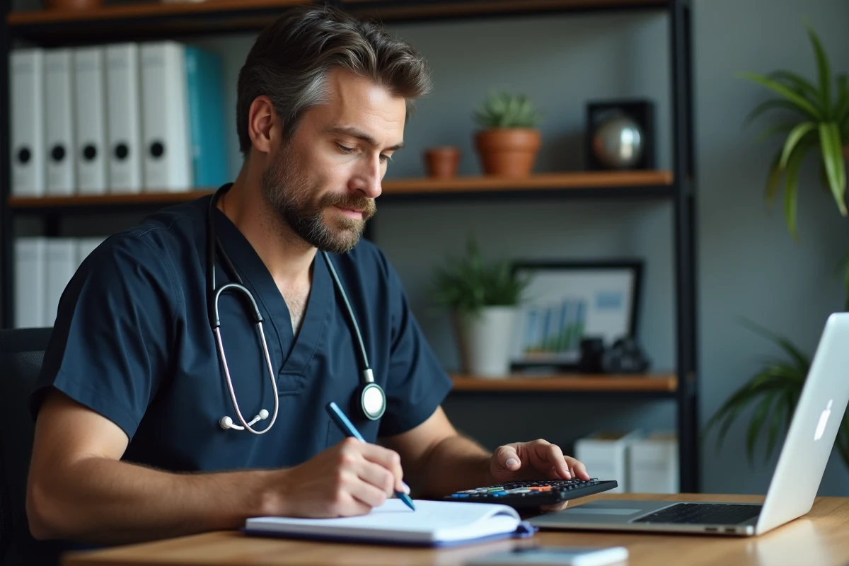 Vétérinaire homme en scrubs marine calculant son revenu net avec une calculatrice et un ordinateur portable dans un bureau de clinique