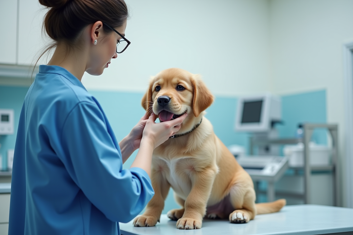 Vétérinaire examinant un chiot golden retriever dans une clinique